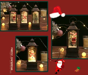 Macro detail of bronze Christmas lanterns with Santa and snowman scenes and warm LED lights