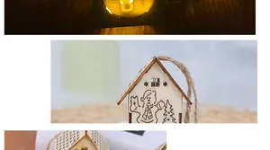 Detail of wooden Christmas house pendant with warm LED light and hanging hemp rope
