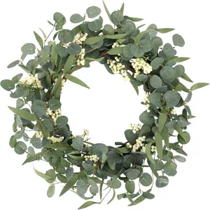 Artificial eucalyptus wreath with white berries for front door and wedding wall decoration