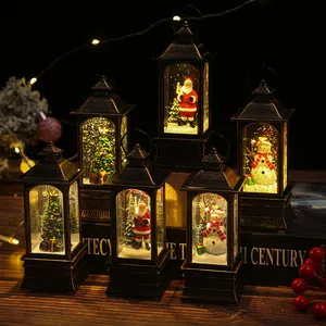 Set of 6 vintage Christmas lanterns with Santa and snowman figures in warm LED light