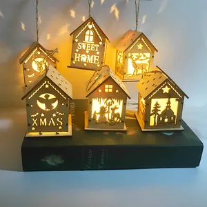Wooden Christmas tree LED house ornaments featuring reindeer and snowman light up patterns