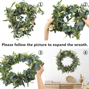 Artificial eucalyptus wreath with white berries showing expansion steps for wall decor
