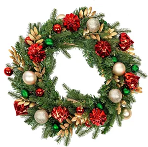 Classic Christmas wreath with red and gold ornaments on lush green pine needles