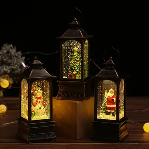 Vintage Christmas lanterns with Santa and snowman scenes, featuring warm lights and glitter
