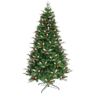 Artificial Flocked Christmas Tree With Red Berries And Pine Cones Stable Metal Stand For Holiday Living Room Decoration
