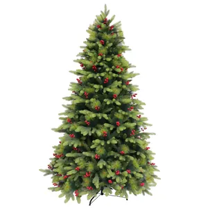 Artificial Christmas tree with pine needles, red berries, and a stable metal stand