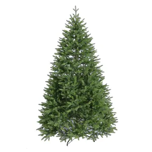 Detailed view of artificial green PE Christmas tree with dense branches and metal stand