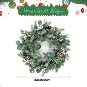 20-inch Christmas eucalyptus wreath with snowy pine needles, pinecones, and white berries