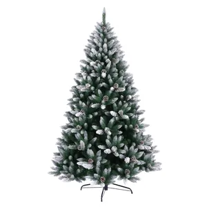 Green PE Christmas tree with realistic white flocking, pine cones and metal base