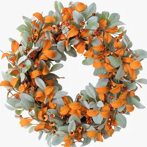 Artificial Lambs Ear Leaf Wreath Hello Fall Wooden Sign Orange Leaves Red Berries Thanksgiving Autumn Harvest Door Decor