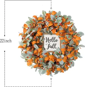 Detail of 22-inch Thanksgiving wreath with maple leaves, berries and Hello Fall wood sign
