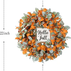 22-inch artificial lamb's ear and orange leaf wreath with Hello Fall wooden sign