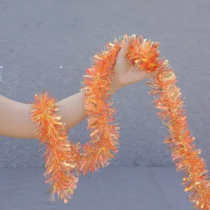9cm iridescent orange tinsel garland with rainbow film for Christmas party decoration