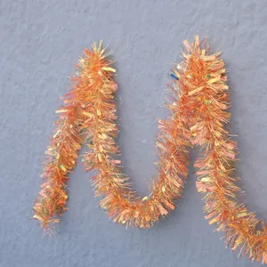9cm iridescent orange Christmas tinsel garland with colorful metallic rainbow film effect