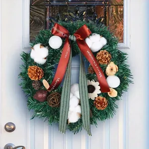 Couronne de Noël Avec Pommes de Pin Boules de Coton Nœud en Satin Rouge Merry Christmas Ornement de Porte pour Maison Fête Décoration