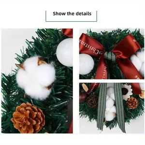 Couronne de Noël avec aiguilles de pin, pommes de pin, coton et nœud rouge décoratif