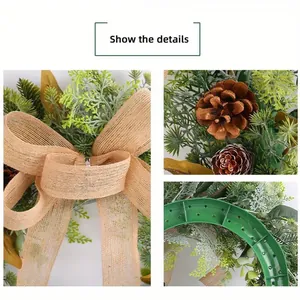 Details des Weihnachtskranzes mit Sackleinen Schleife, Zapfen und stabiler Kunststoffbasis