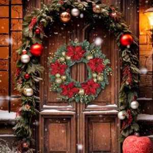 Ghirlanda natalizia con stelle di Natale rosse e palline dorate su porta in legno