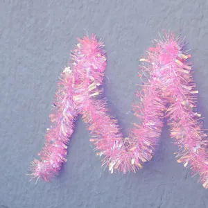 5m pink iridescent laser tinsel garland decoration for birthday parties and festivals