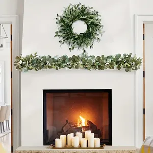 Artificial olive leaf wreath and eucalyptus garland set for home mantel wall decoration