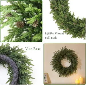 Detailed views of lifelike PE cedar wreath with pine cones and natural vine base