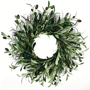 Artificial olive leaf wreath with green fruits for home wall and door decoration
