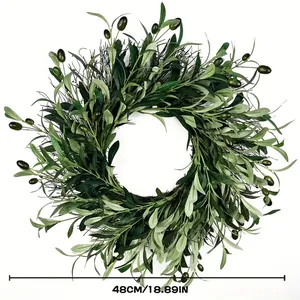 Detail of a 48cm artificial olive leaf wreath with green fruits and vine base