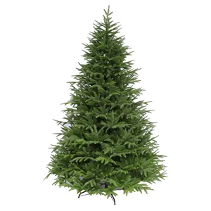 Green PE and PVC artificial Christmas tree with metal stand on white background