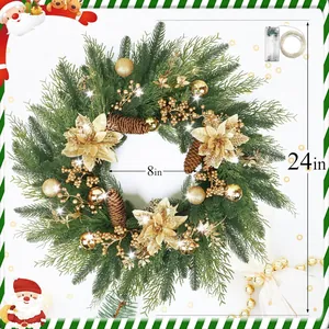 24-inch Gold Christmas wreath with LED lights, golden flowers, berries, and pine cones