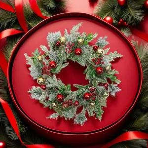 Gros plan d'une couronne de Noël enneigée avec baies et boules dans une boîte cadeau rouge