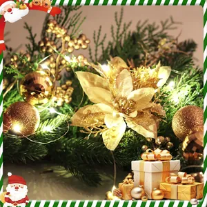 Golden Christmas wreath with LED lights, artificial flowers and festive ornaments