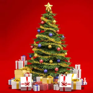 Detailed view of artificial Christmas tree with gold star, colorful baubles and gift boxes