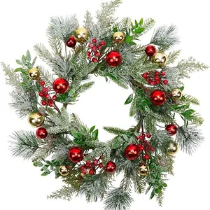 Couronne de Noël Artificielle Avec Boules Or Rouge Baies Aiguilles de Pin Enneigées Pour Intérieur Extérieur Mariage Maison