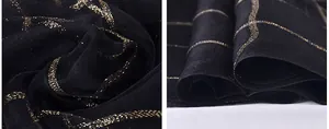 Detail of black silk scarf with sparkling gold Lurex wavy grid patterns and soft texture