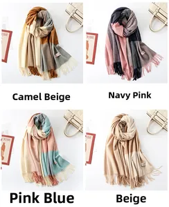 Detailed grid showing four colorful wool scarfs with long tassels and soft textures