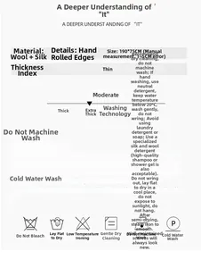 Detalles del pañuelo de seda y lana con medidas 190x75cm e instrucciones de lavado