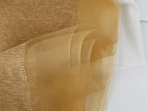 Macro detail of layered mulberry silk and organza fabric showing texture and quality