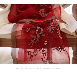 Detail of red silk wool shawl featuring intricate floral embroidery and gold thread edging