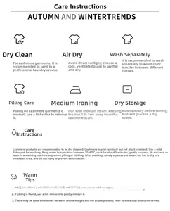 Care guide for wool scarf detailing hand wash, flat drying, and low ironing instructions