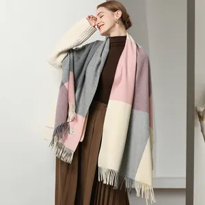 Women's Plaid Cashmere Blend Wool Scarf Soft Warm Winter Shawl Wrap Color Block Fashion Tassel Fringe Pashmina For Ladies