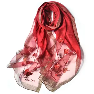 Women Silk Blend Scarf Floral Magnolia Butterfly Embroidery Long Shawl With Gold Metallic Edge Elegant Party Wrap Mother Gift