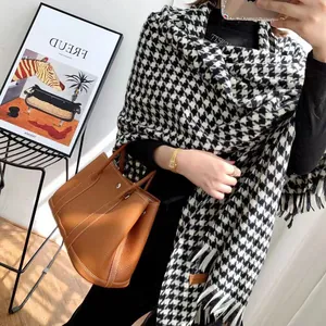 Elegant Houndstooth Plaid Tassel Scarf For Women Winter Thick Warm Imitation Cashmere Feel Polyester Scarf Shawl Wrap Fashion Gift