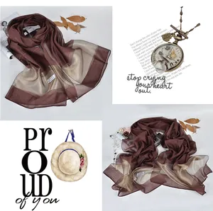 Detail view of lightweight 100% silk scarf in brown and champagne gold with fringe