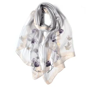 Elegant grey silk scarf with purple flower embroidery and gold butterfly accents
