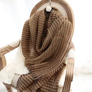 Women Vintage Mulberry Silk Cotton Houndstooth Scarf Long Tassel Shawl Wrap Elegant Striped Neck Scarf For Fall Winter