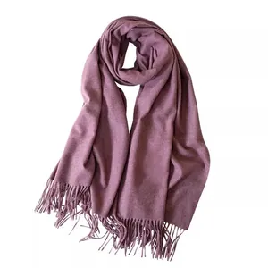 Solid dusky pink faux cashmere scarf with tassels, thick warm winter shawl for women