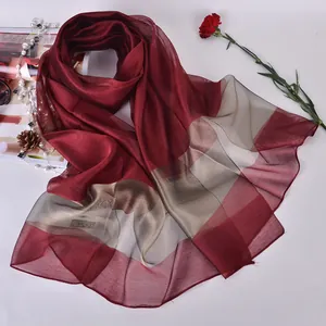 Women Mulberry Silk Cotton Blend Organza Scarf Sunscreen Beach Shawl Elegant Color Block Lightweight Stitched Wrap Scarf Accessory Gift