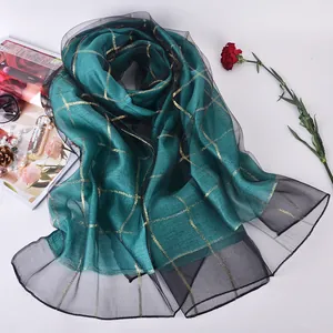 Women Mulberry Silk Scarf Elegant Gold Wire Checkered Shawl Lightweight Sun Protection Organza Double Layer Wrap Beach Scarf