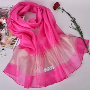 Elegant 100% real silk long scarf in magenta rose red with sheer gold trim edges