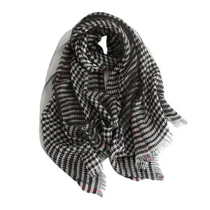Houndstooth silk scarf with delicate fringe and black sheer mesh overlay for women